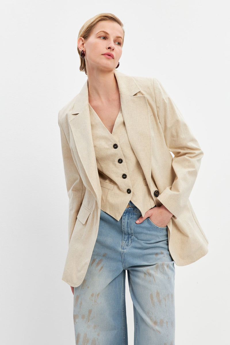 Setre Button Detailed Linen Jacket Beige