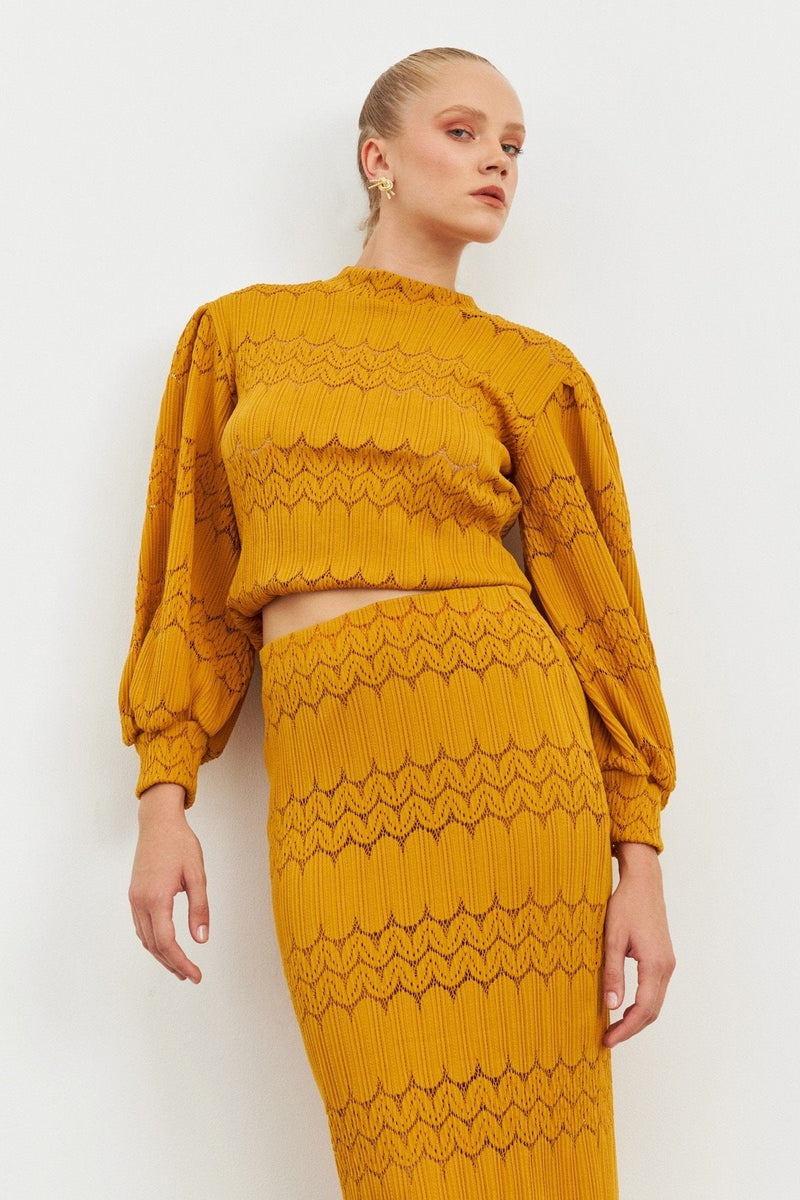 Setre Patterned Knitwear Skirt Suit Mustard