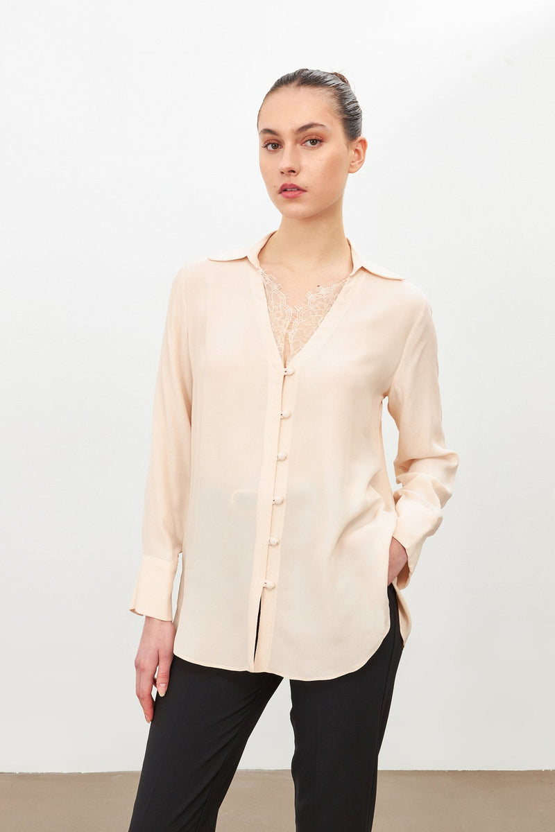 Setre Lace Detail Long Sleeve Shirt With Collar Beige