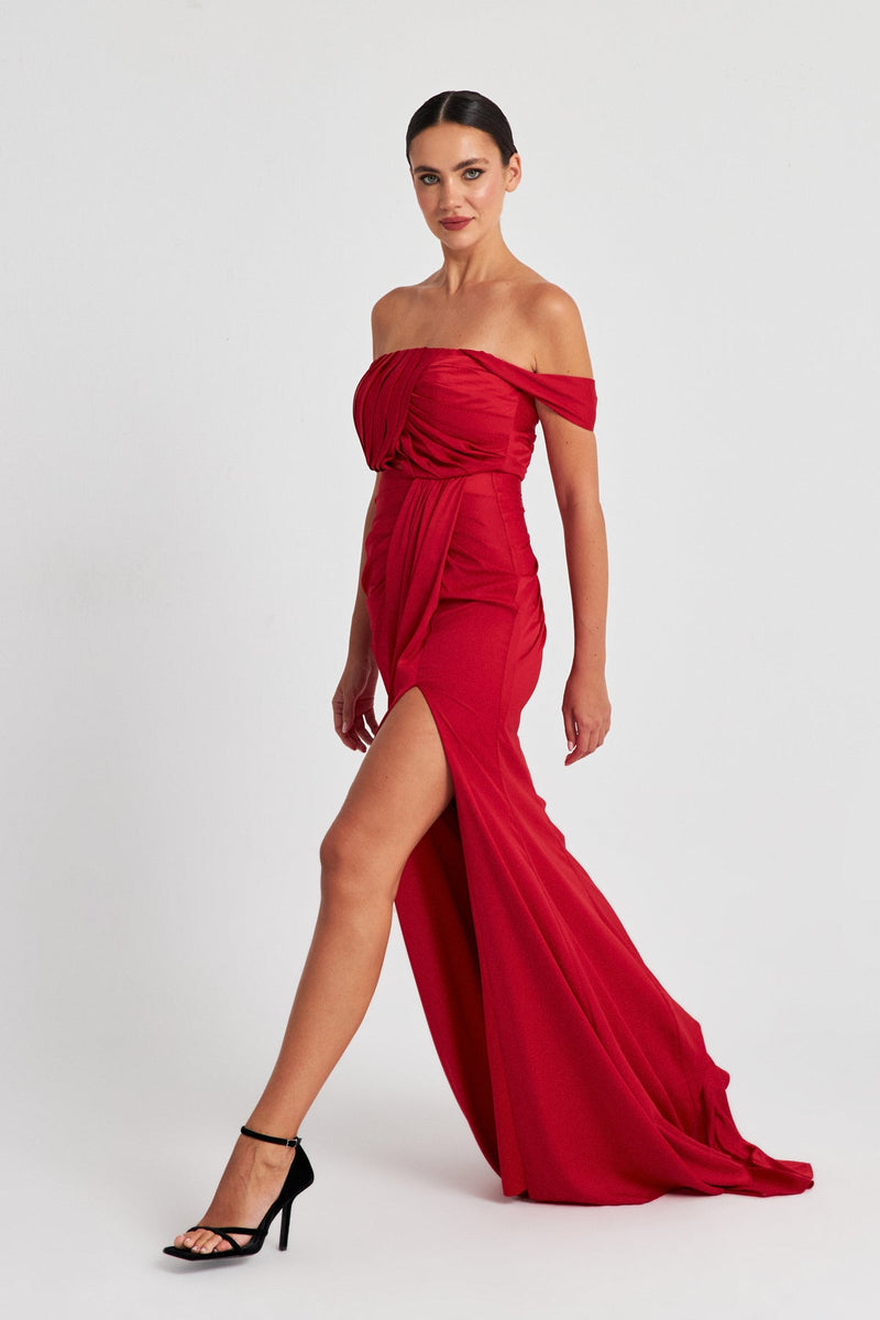 Setre Strapless Slit Detailed Evening Dress Red