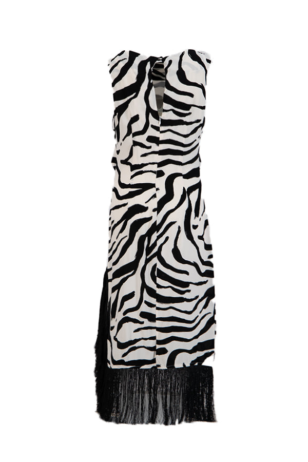 Setre Zebra Print Sleeveless Fringed Dress Black/White