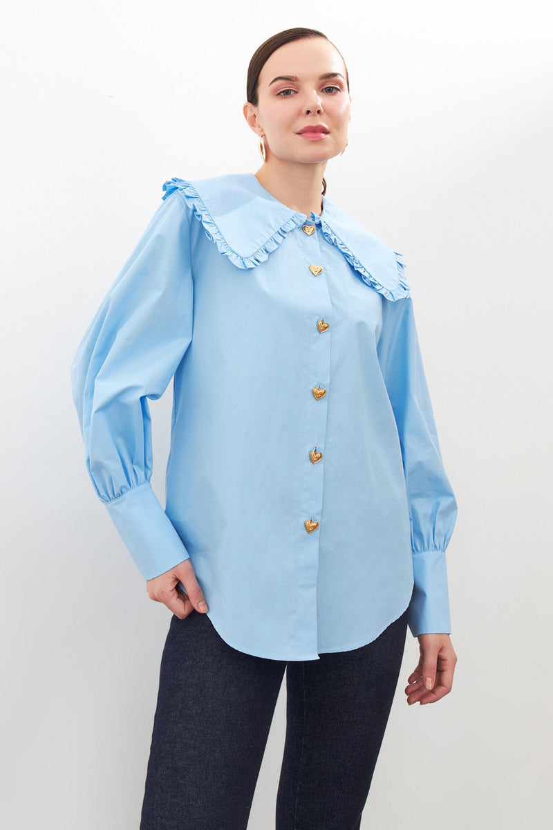 Setre Collar And Button Detail Long Sleeve Shirt Blue