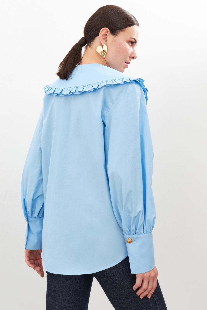 Setre Collar And Button Detail Long Sleeve Shirt Blue