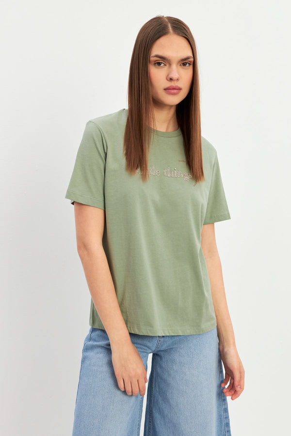 Setre Mini Print Detailed Crew Neck T-Shirt Light Green