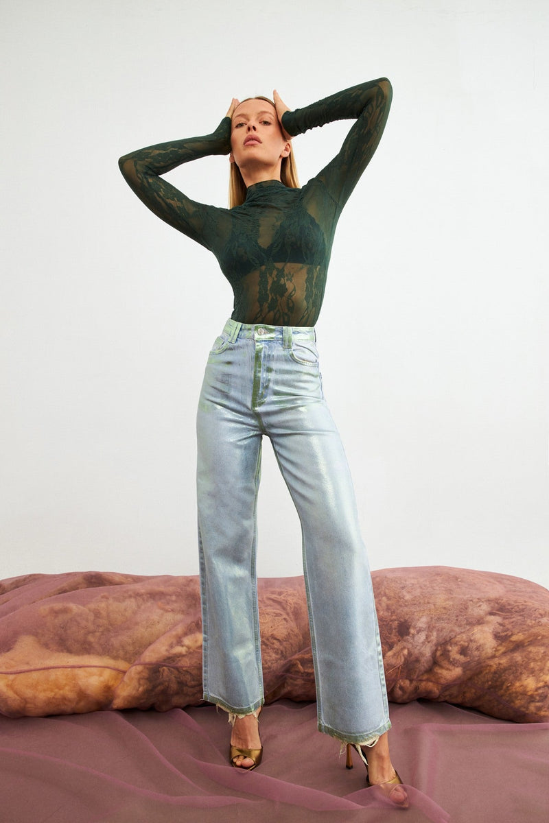 Setre Transparent Lace Detailed Turtleneck Blouse Green