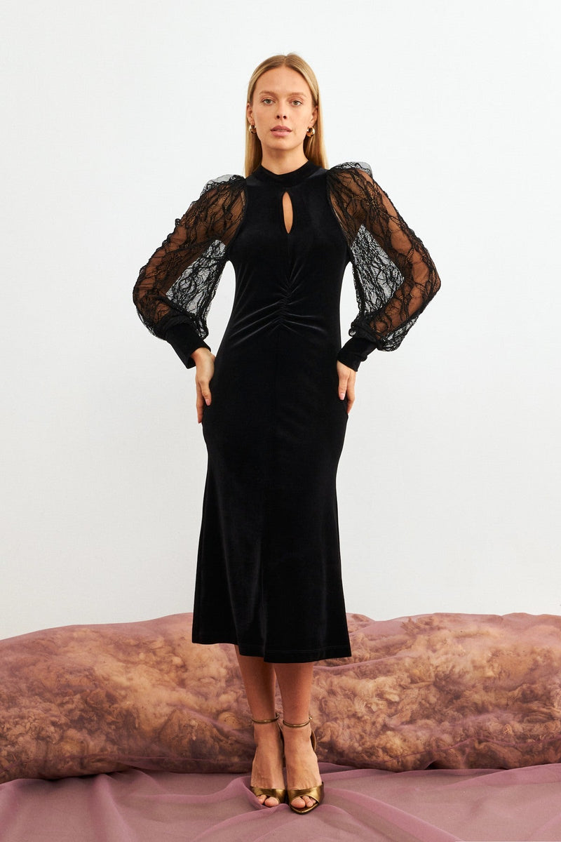 Setre Midi Dress With Lace Sleeves  Black