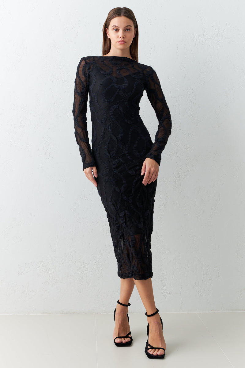 Setre Transparent Detailed Patterned Midi Dress Black