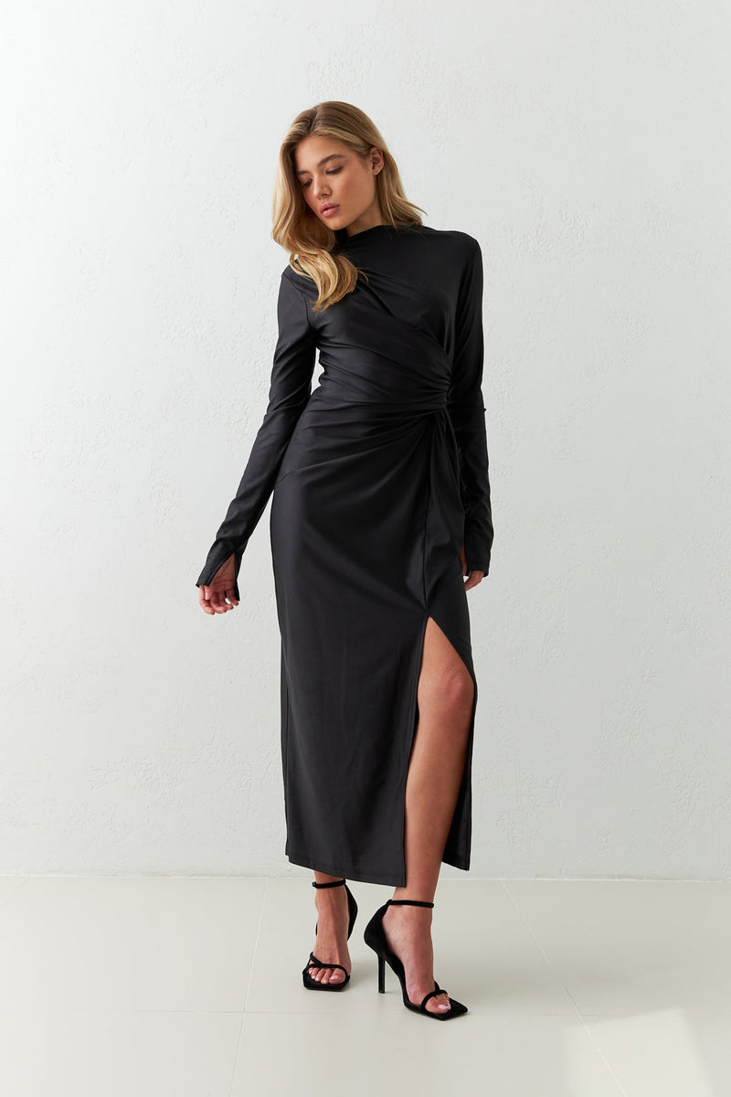 Setre Waist Detailed Long Sleeve Slit Midi Dress Black