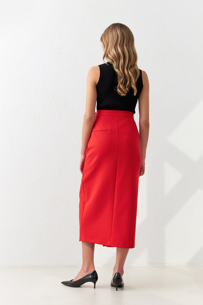 Setre Asymmetrical Waist Slit Detailed Midi Skirt Red