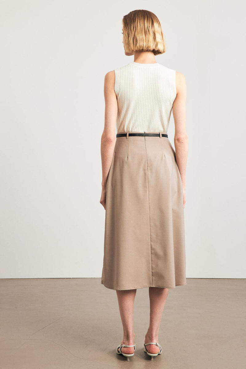 Setre Belted Single Pleat Detailed Midi Skirt Beige