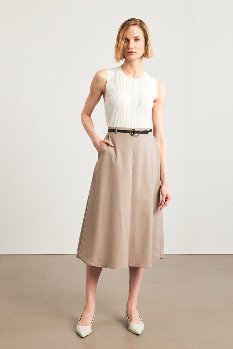 Setre Belted Single Pleat Detailed Midi Skirt Beige