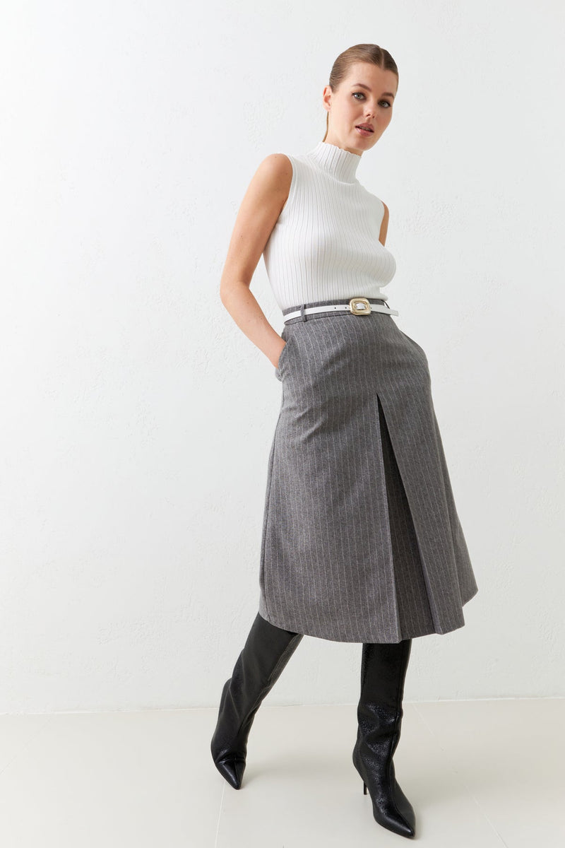 Setre Striped Asymmetrical Detailed Pocket Midi Skirt Grey