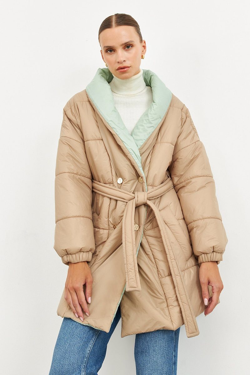 Setre Belt Detailed Puffer Short Coat Beige