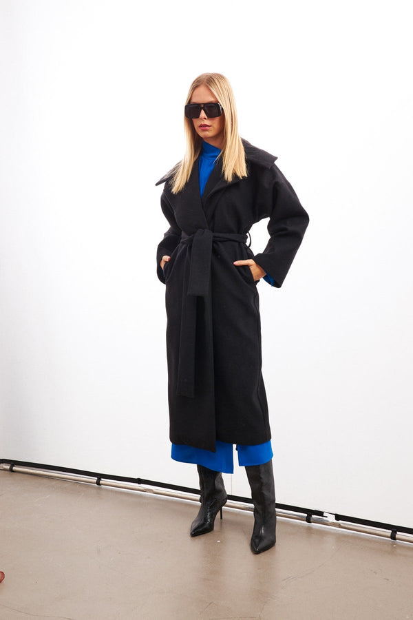 Setre Belt Detailed Long Coat Black