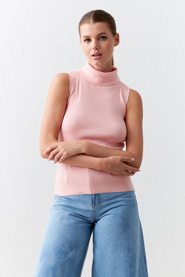 Setre Neck Basic Sleeveless Knitted Blouse Powder Pink