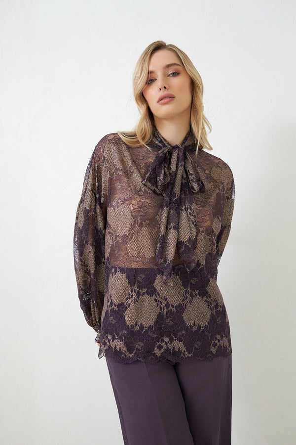 Setre Neck Tie Detail Relaxed Cut Patterned Shirt Purple