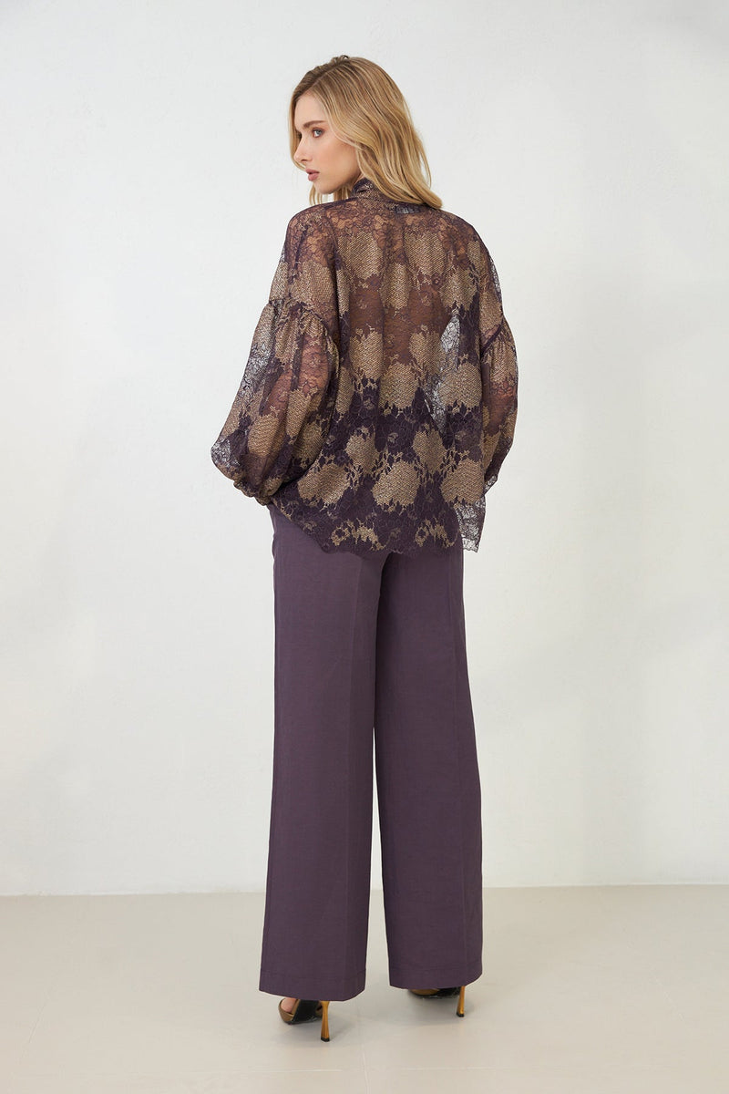 Setre Neck Tie Detail Relaxed Cut Patterned Shirt Purple