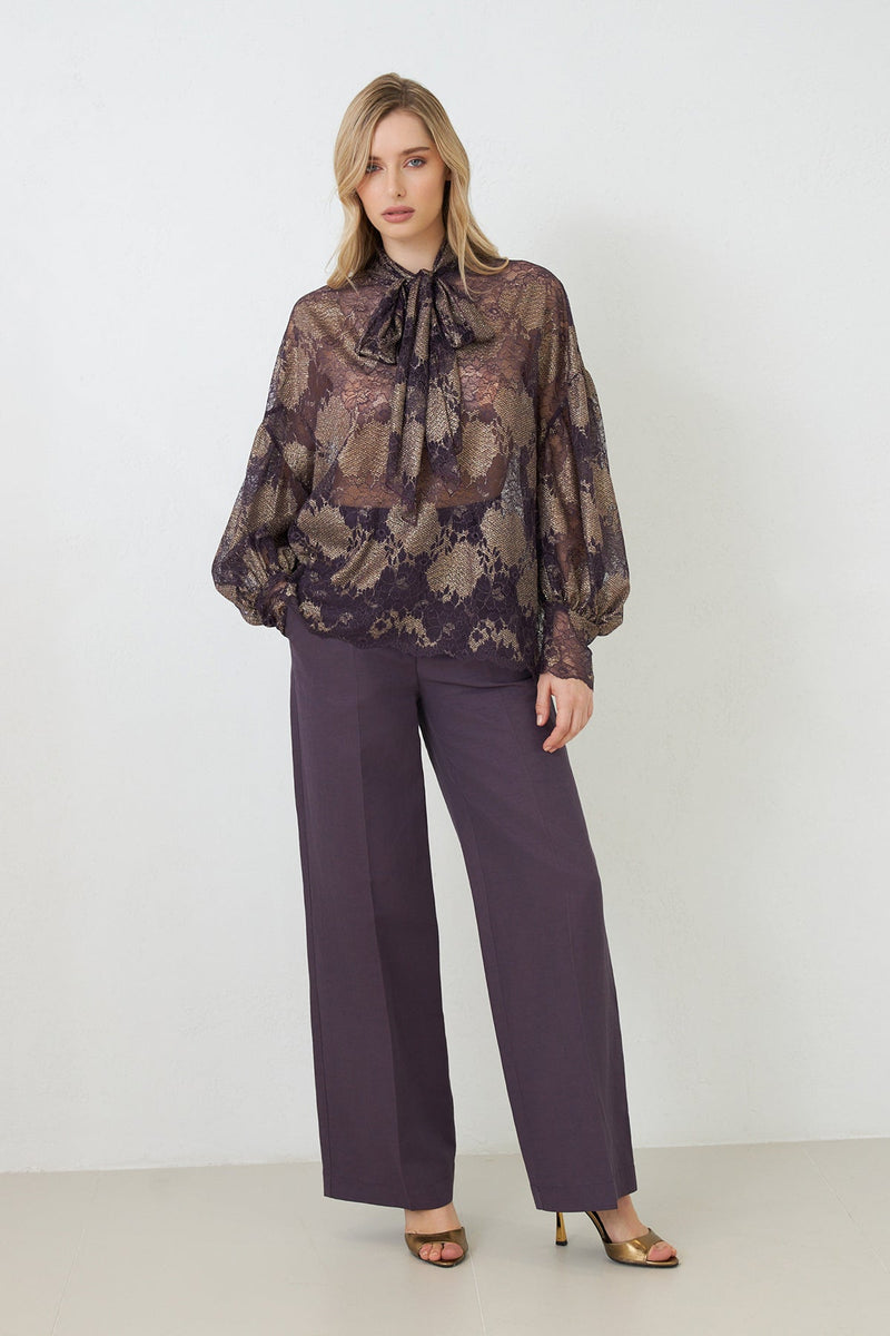 Setre Neck Tie Detail Relaxed Cut Patterned Shirt Purple