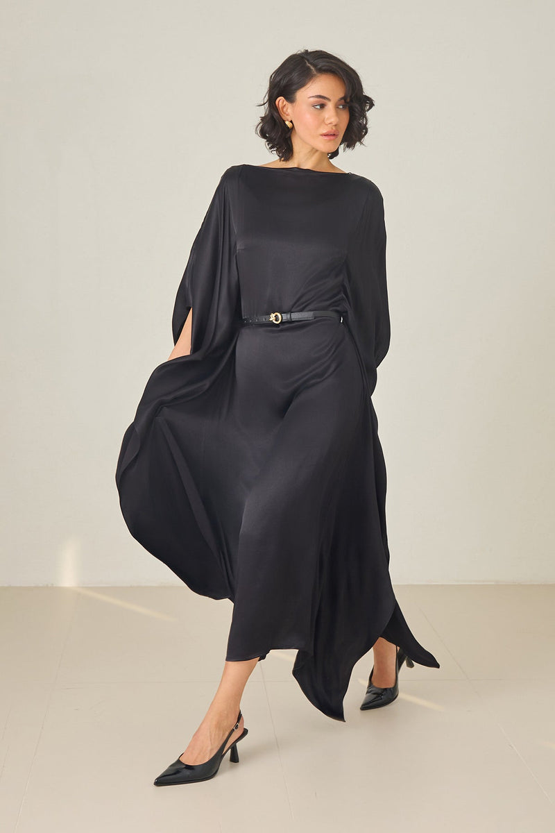 Setre Collar And Sleeve Detailed Belted Dress Black