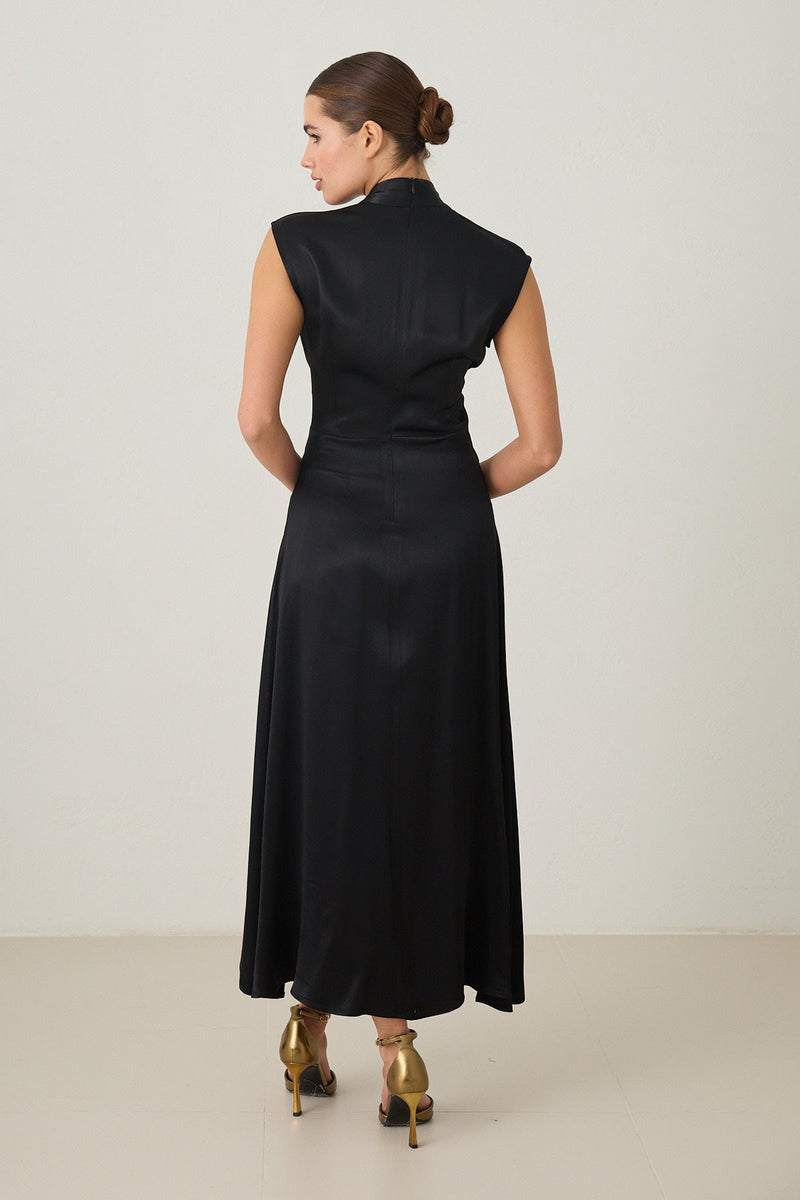 Setre Waist Detailed Midi Sleeveless Dress Black