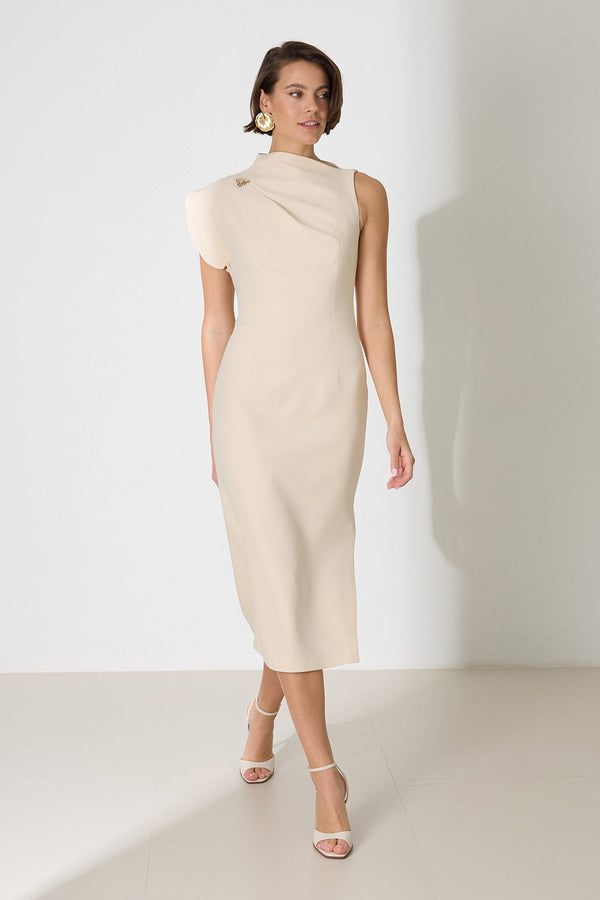 Setre One Shoulder Detailed Full Cut Midi Length Dress Cream