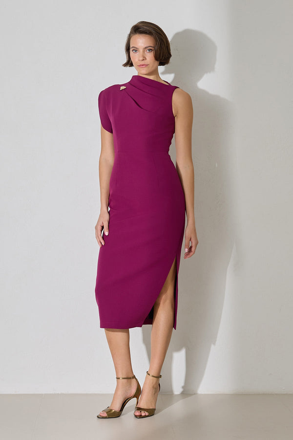 Setre One Shoulder Detailed Midi Length Dress Dark Fuchsia