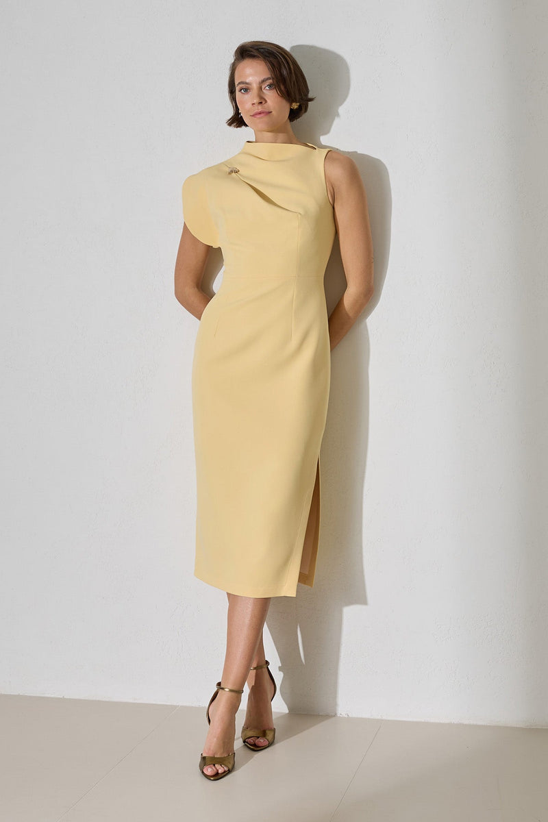 Setre One Shoulder Detailed Full Cut Midi Length Dress Light Yellow