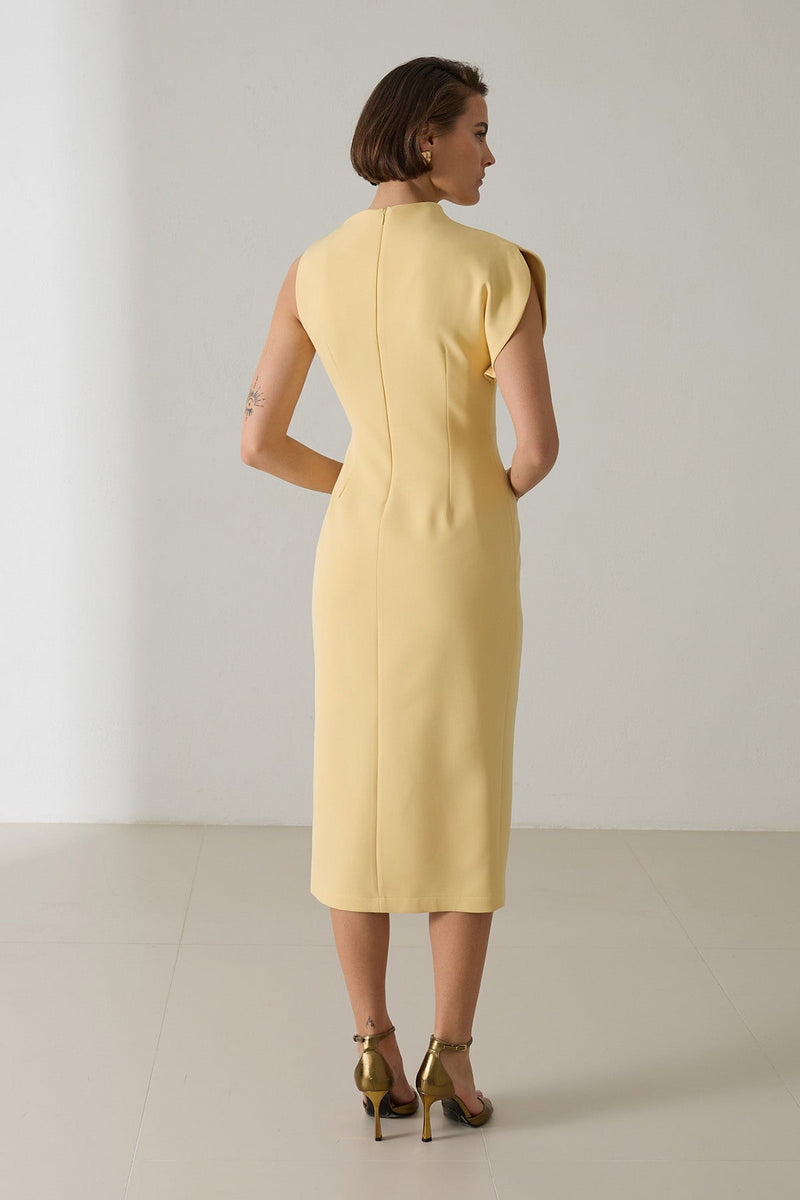 Setre One Shoulder Detailed Full Cut Midi Length Dress Light Yellow