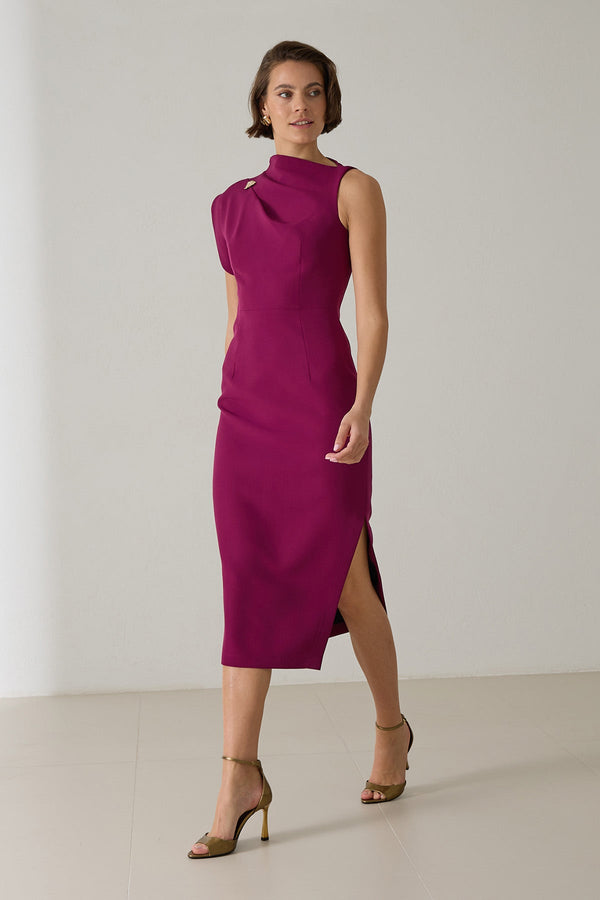 Setre One Shoulder Detailed Midi Length Dress Dark Fuchsia