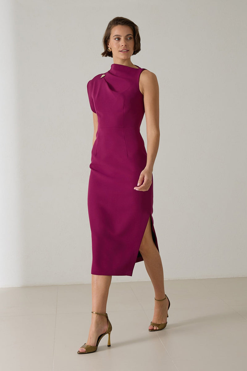 Setre One Shoulder Detailed Midi Length Dress Dark Fuchsia