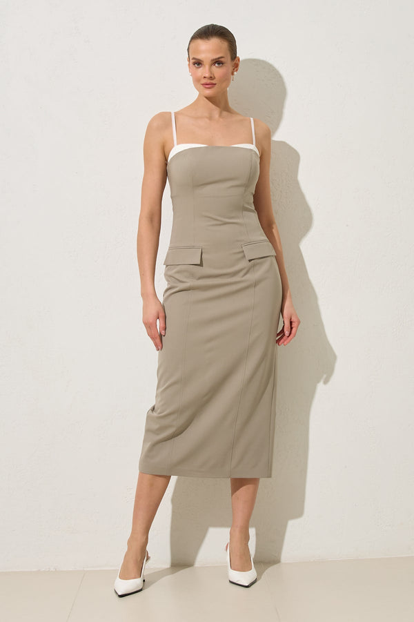 Setre Thin Strap Collar And Pocket Detailed Midi Dress Olive