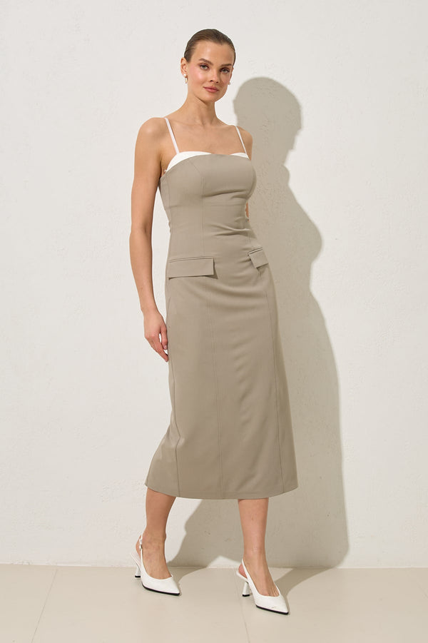 Setre Thin Strap Collar And Pocket Detailed Midi Dress Olive