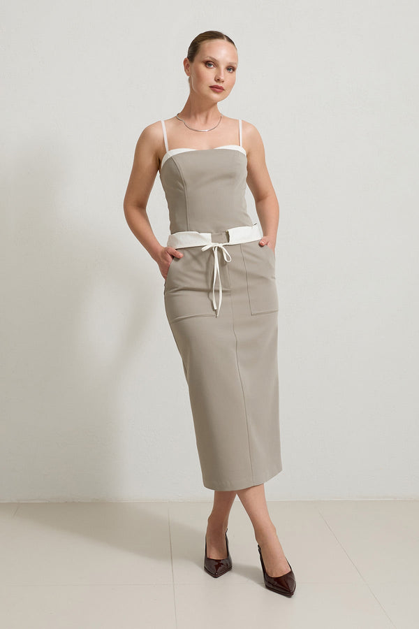 Setre Tie And Pocket Detailed Midi Skirt Olive
