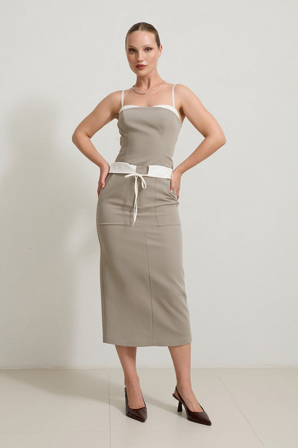 Setre Tie And Pocket Detailed Midi Skirt Olive