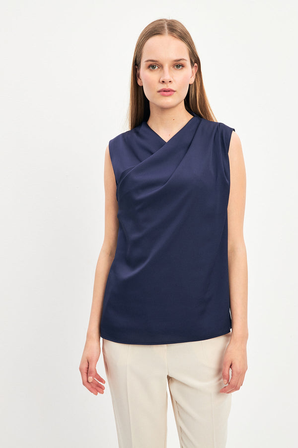 Setre Asymmetric Collar Sleeveless Blouse Navy