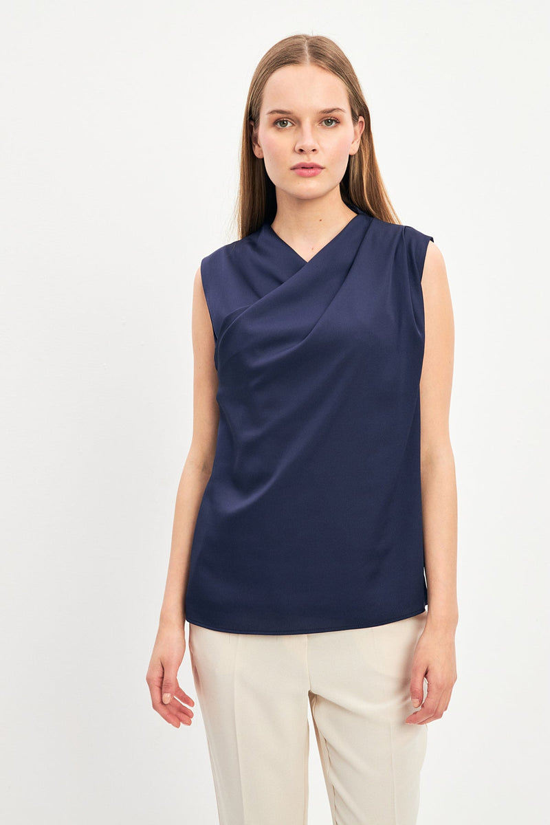 Setre Asymmetric Collar Sleeveless Blouse Navy