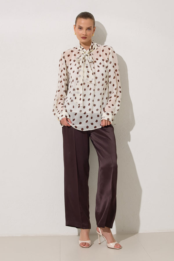 Setre Polka Dot Patterned Blouse With Collar Tie Detail Ecru-Brown