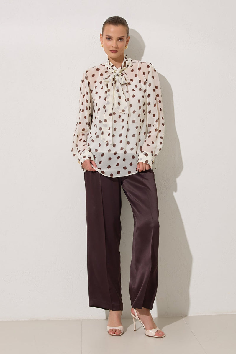 Setre Polka Dot Patterned Blouse With Collar Tie Detail Ecru-Brown