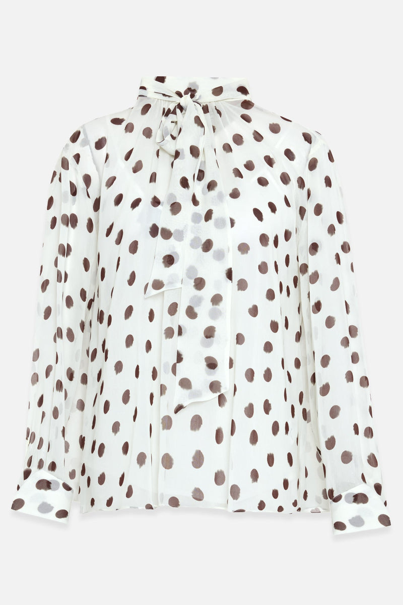 Setre Polka Dot Patterned Blouse With Collar Tie Detail Ecru-Brown