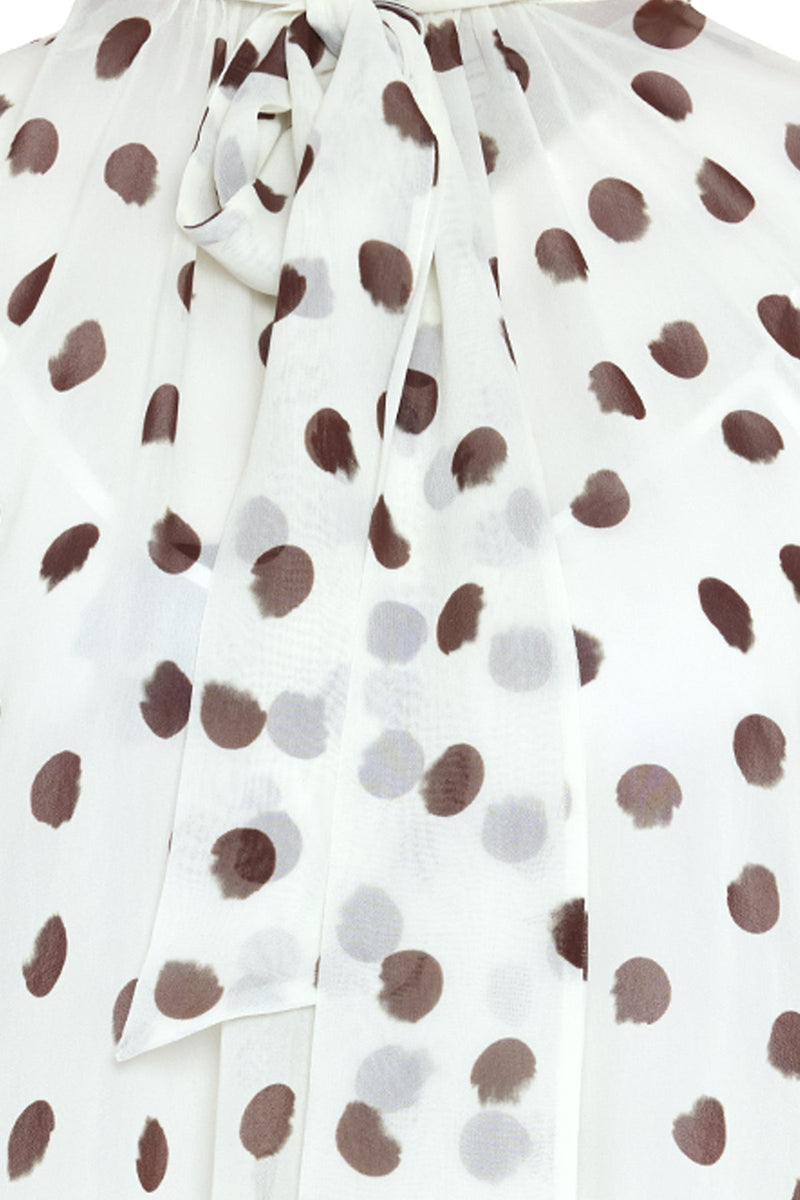 Setre Polka Dot Patterned Blouse With Collar Tie Detail Ecru-Brown