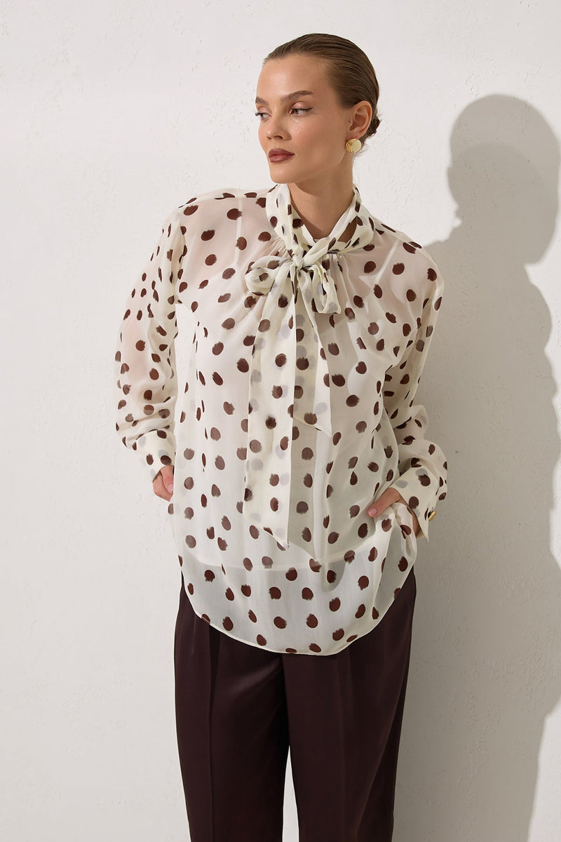 Setre Polka Dot Patterned Blouse With Collar Tie Detail Ecru-Brown