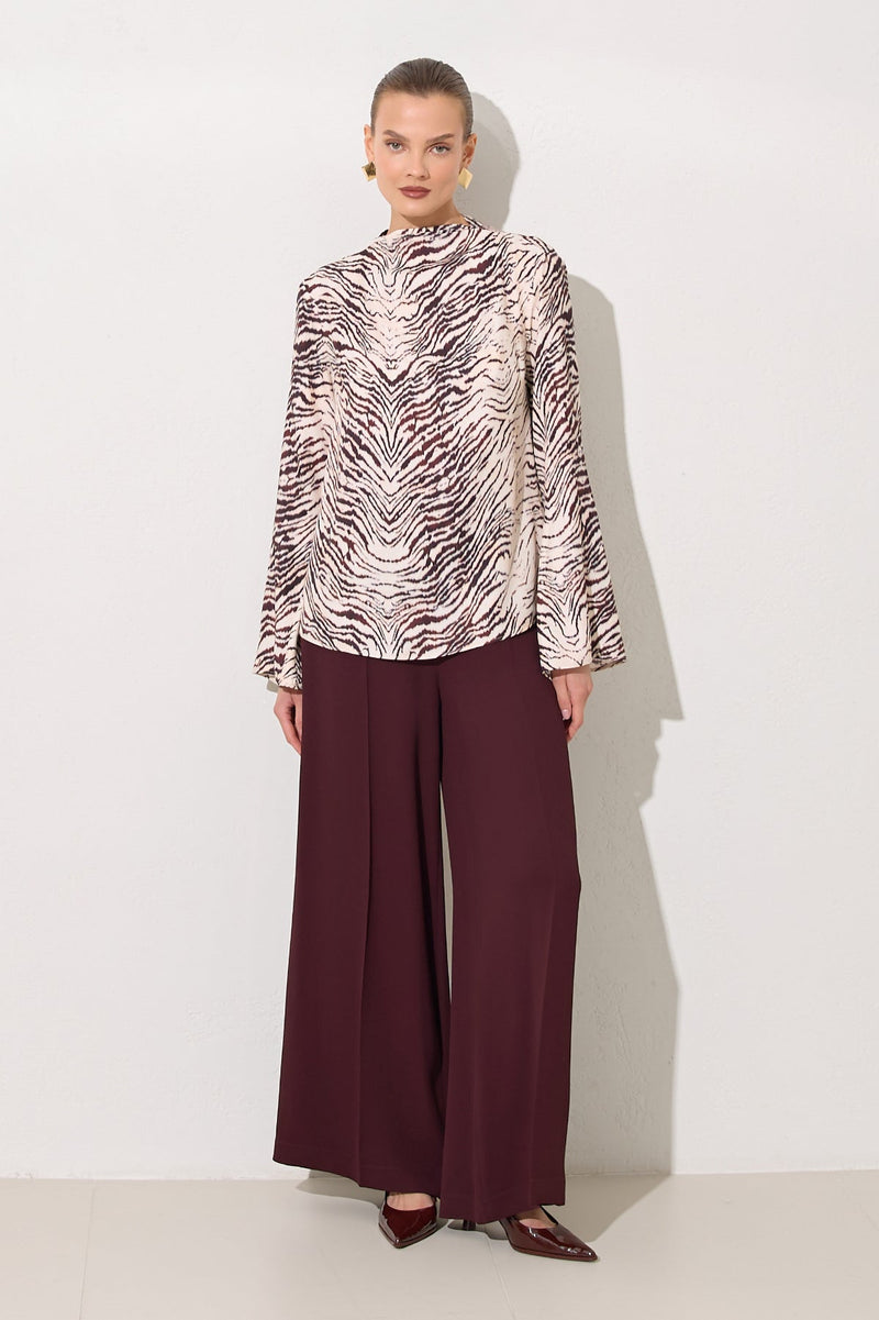 Setre Patterned Long Sleeve Relaxed Cut Blouse Burgundy/Offwhite