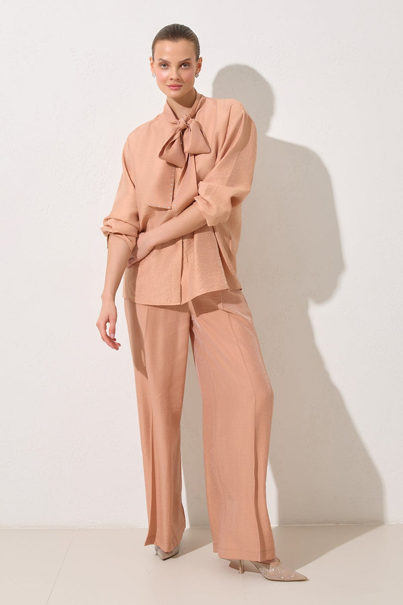 Setre Stone Detailed Collar Shirt With Trousers Salmon