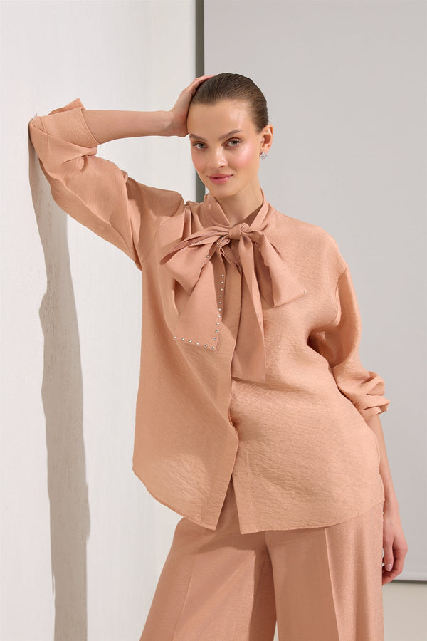 Setre Stone Detailed Collar Shirt With Trousers Salmon