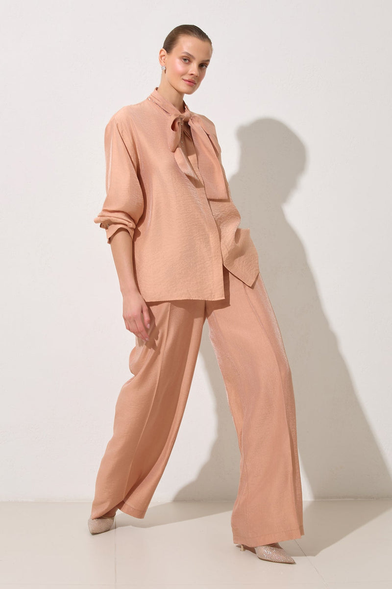 Setre Stone Detailed Collar Shirt With Trousers Salmon