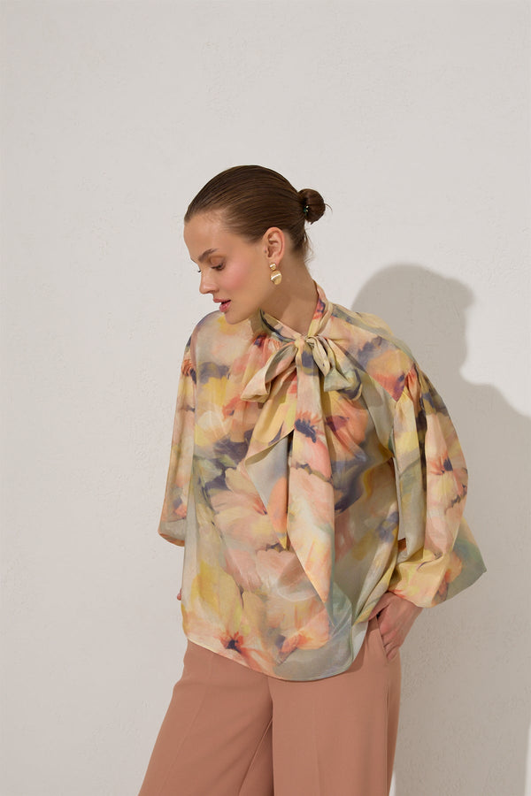 Setre Neck Tie Detailed Long Sleeve Patterned Blouse Mint
