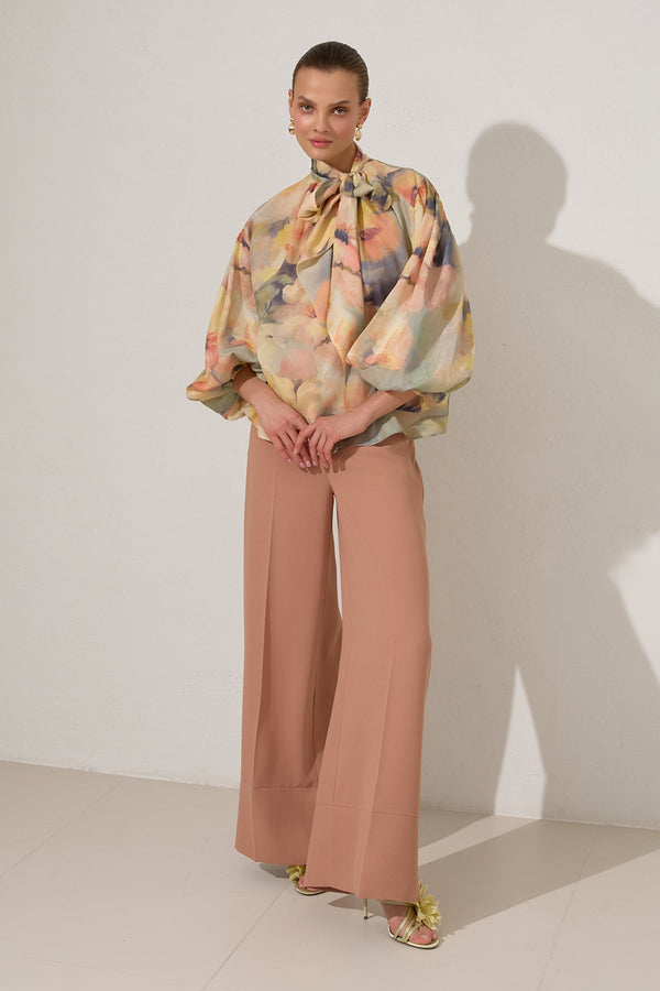Setre Neck Tie Detailed Long Sleeve Patterned Blouse Mint