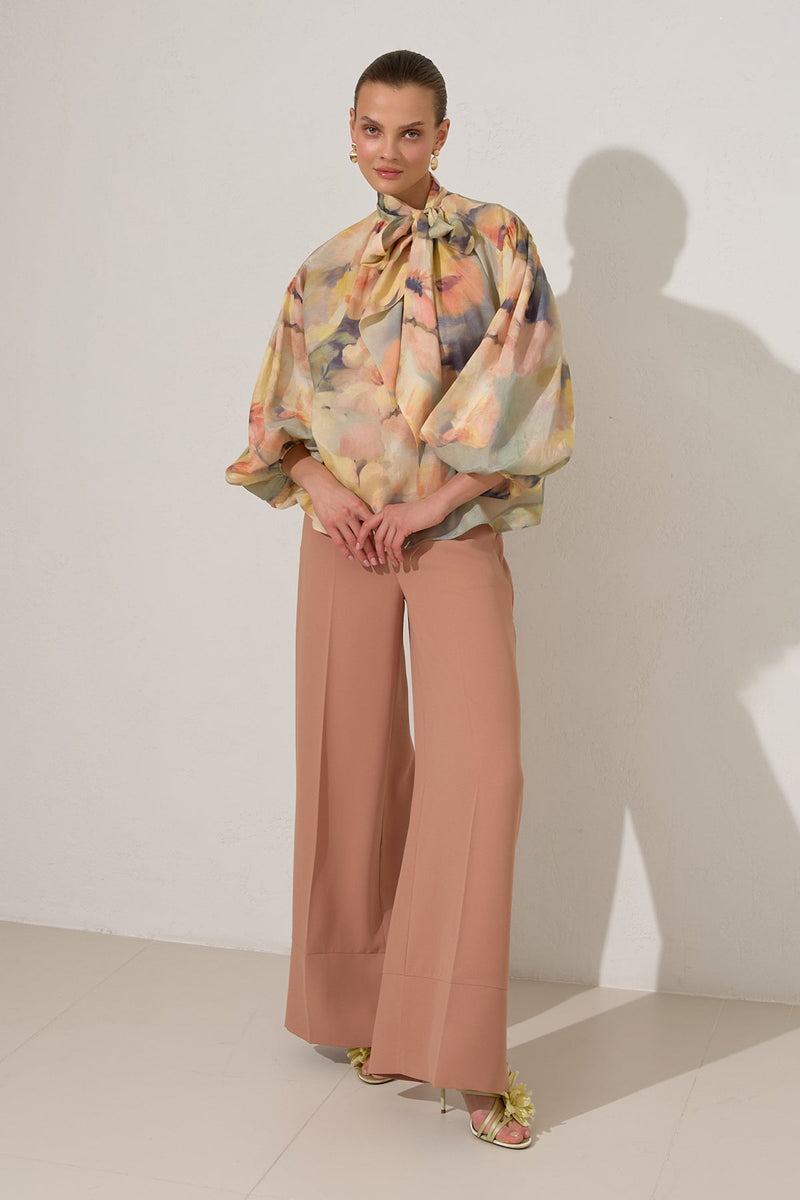 Setre Neck Tie Detailed Long Sleeve Patterned Blouse Mint