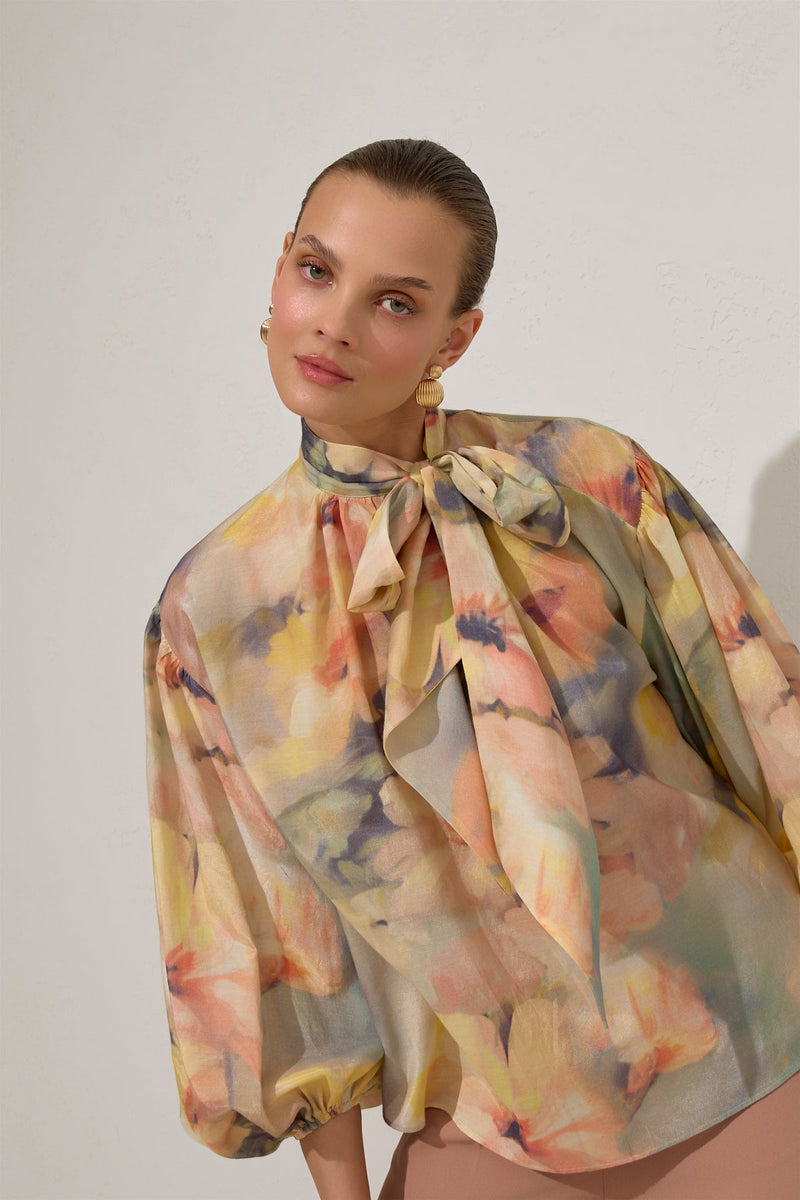 Setre Neck Tie Detailed Long Sleeve Patterned Blouse Mint