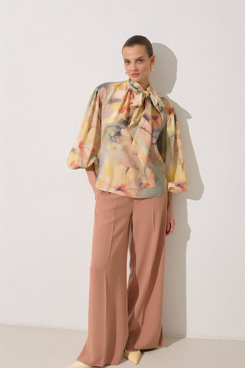 Setre Neck Tie Detailed Long Sleeve Patterned Blouse Mint